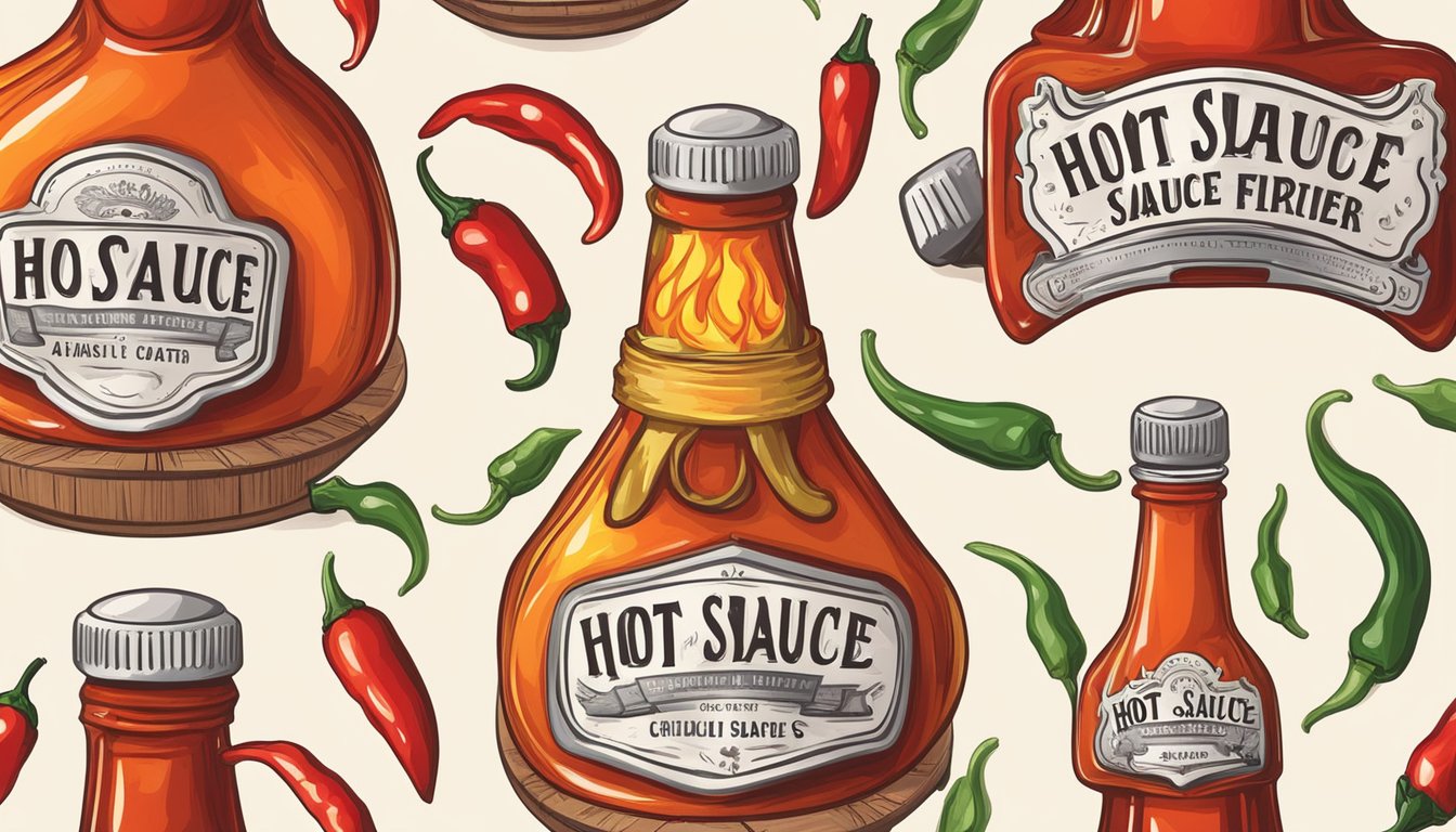 A bottle of hot sauce surrounded by chili peppers and flames