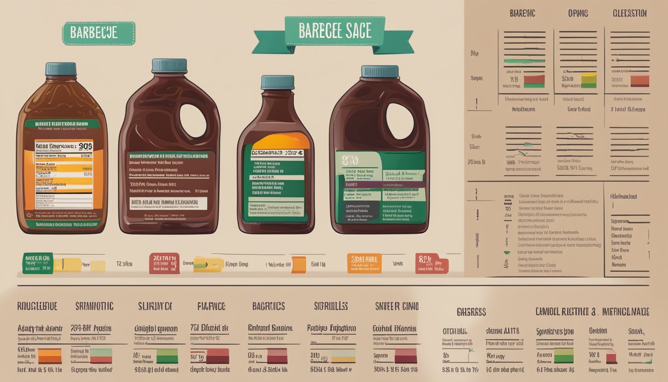 A variety of barbecue sauce bottles arranged on a table, with nutritional information and glycemic index values displayed next to each option