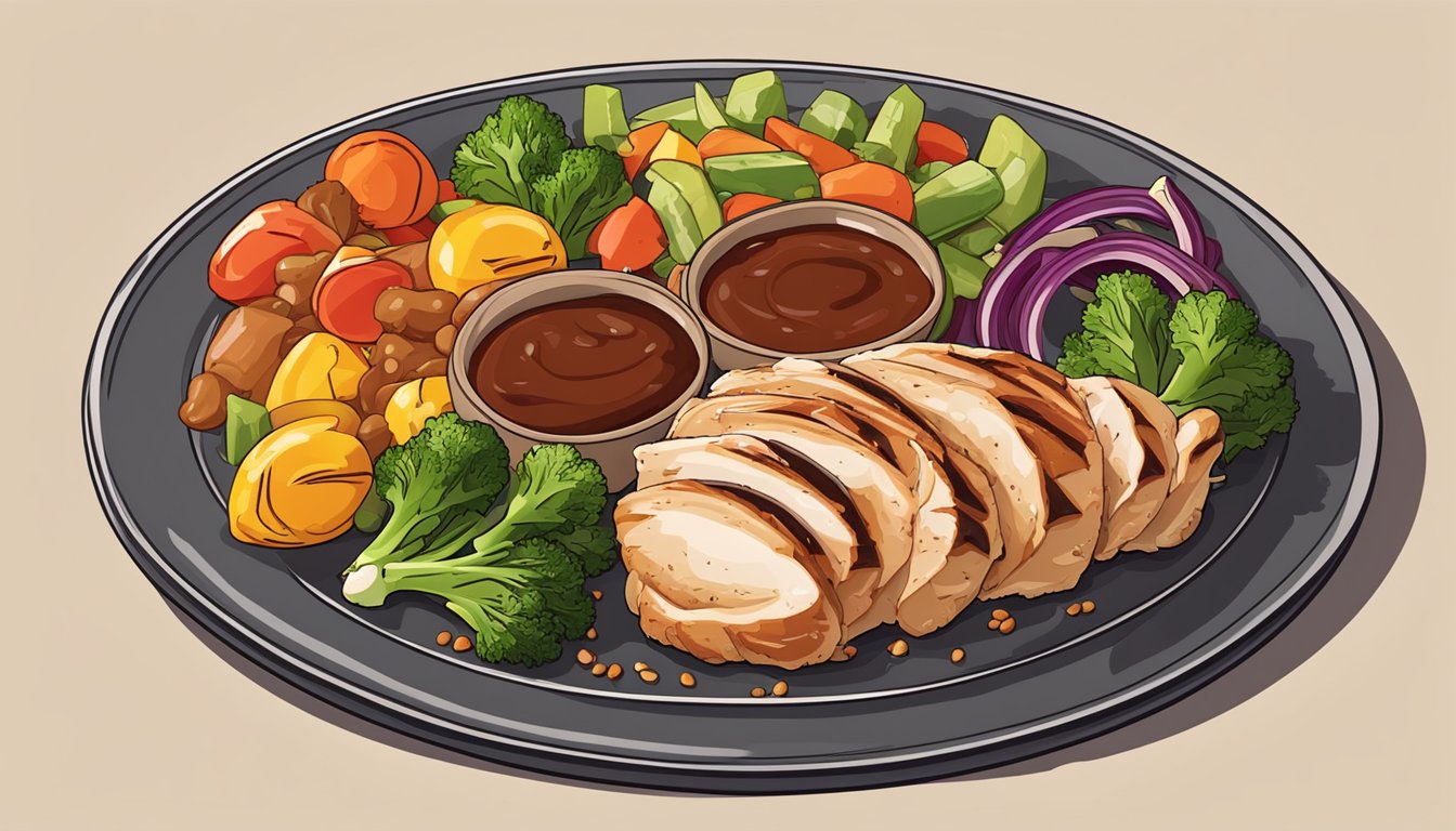 A grilled chicken breast drizzled with barbecue sauce sits alongside a colorful array of mixed vegetables and a portion of quinoa on a round plate