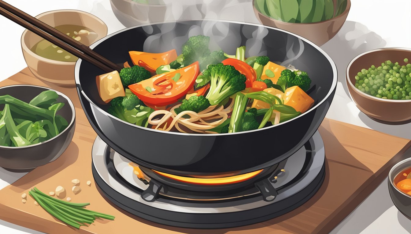 A small bowl of soy sauce being poured into a sizzling hot pan of stir-fry vegetables