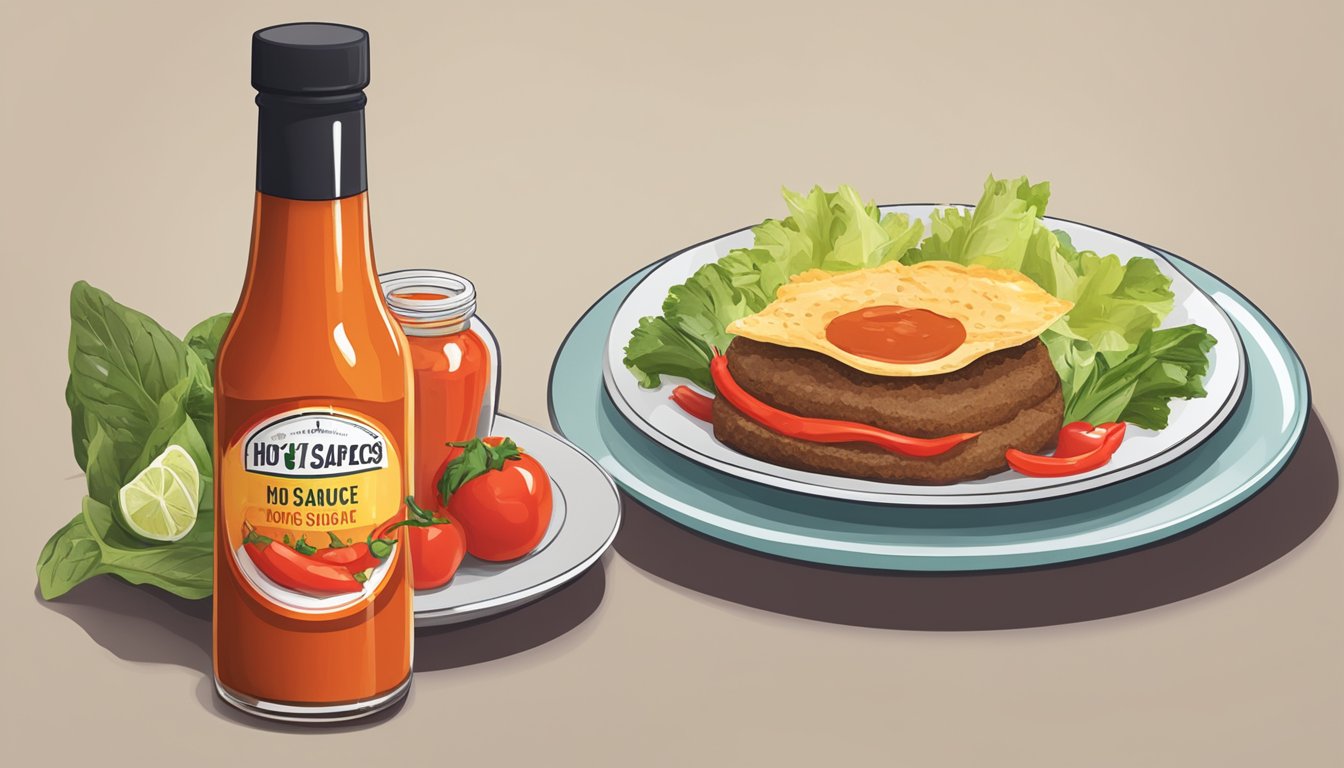 A bottle of hot sauce next to a plate of food with a low glycemic index