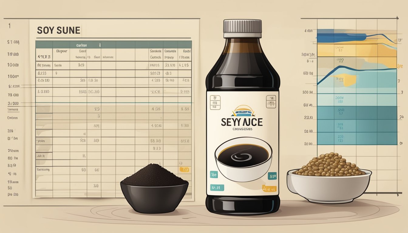 A bottle of soy sauce surrounded by various fats and oils, with a glycemic index chart in the background