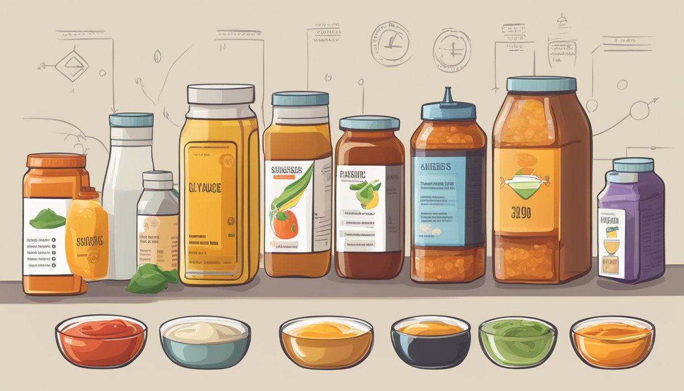 A table with various condiments arranged in a row, including hot sauce, with a chart showing the glycemic index values next to each condiment