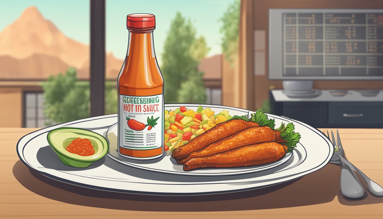 A bottle of hot sauce next to a plate of food, with a glycemic index chart in the background