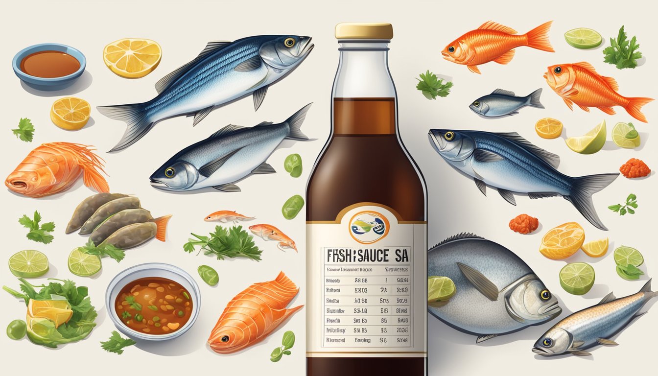 A bottle of fish sauce surrounded by various types of fish and seafood, with a nutritional profile chart in the background