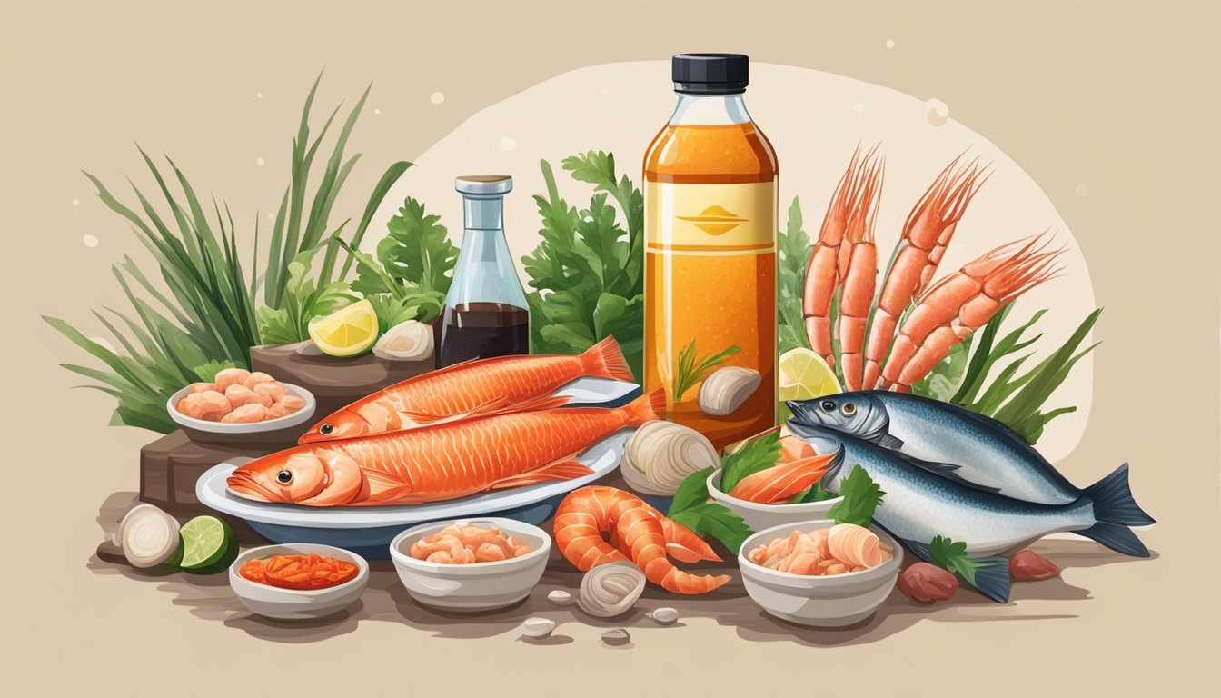 A bottle of fish sauce surrounded by various types of fresh seafood on a kitchen counter