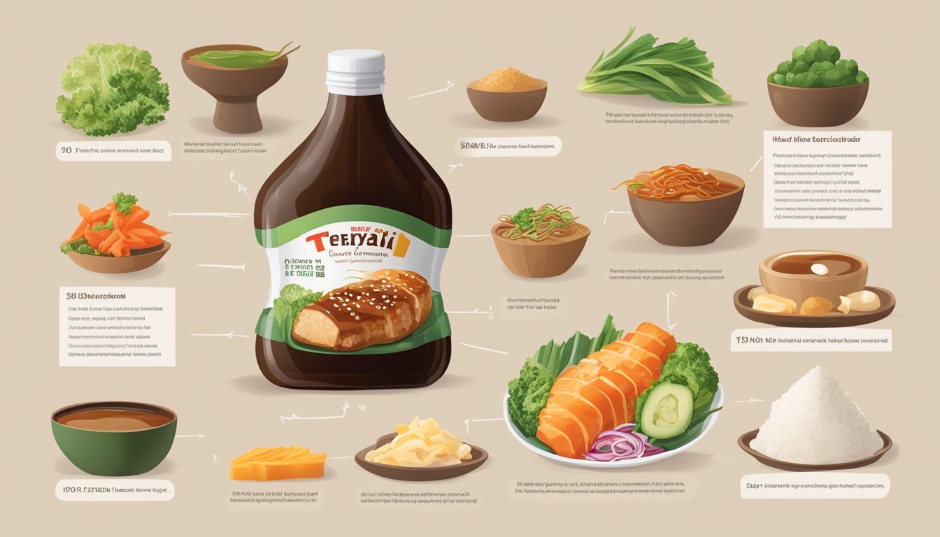 A bottle of teriyaki sauce surrounded by various food items with their nutritional information displayed