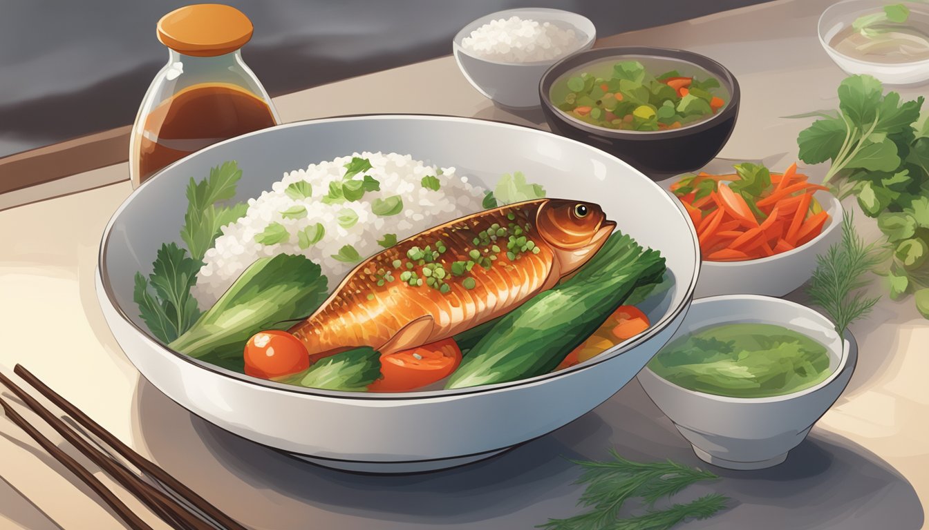 A bottle of fish sauce sits next to a plate of fresh vegetables and herbs, with a bowl of steaming rice in the background