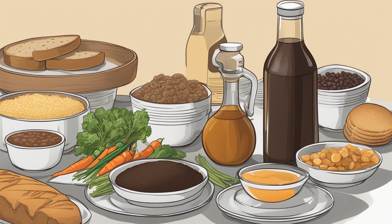 A bottle of Worcestershire sauce next to a plate of various foods with different glycemic indexes, such as bread, rice, and vegetables