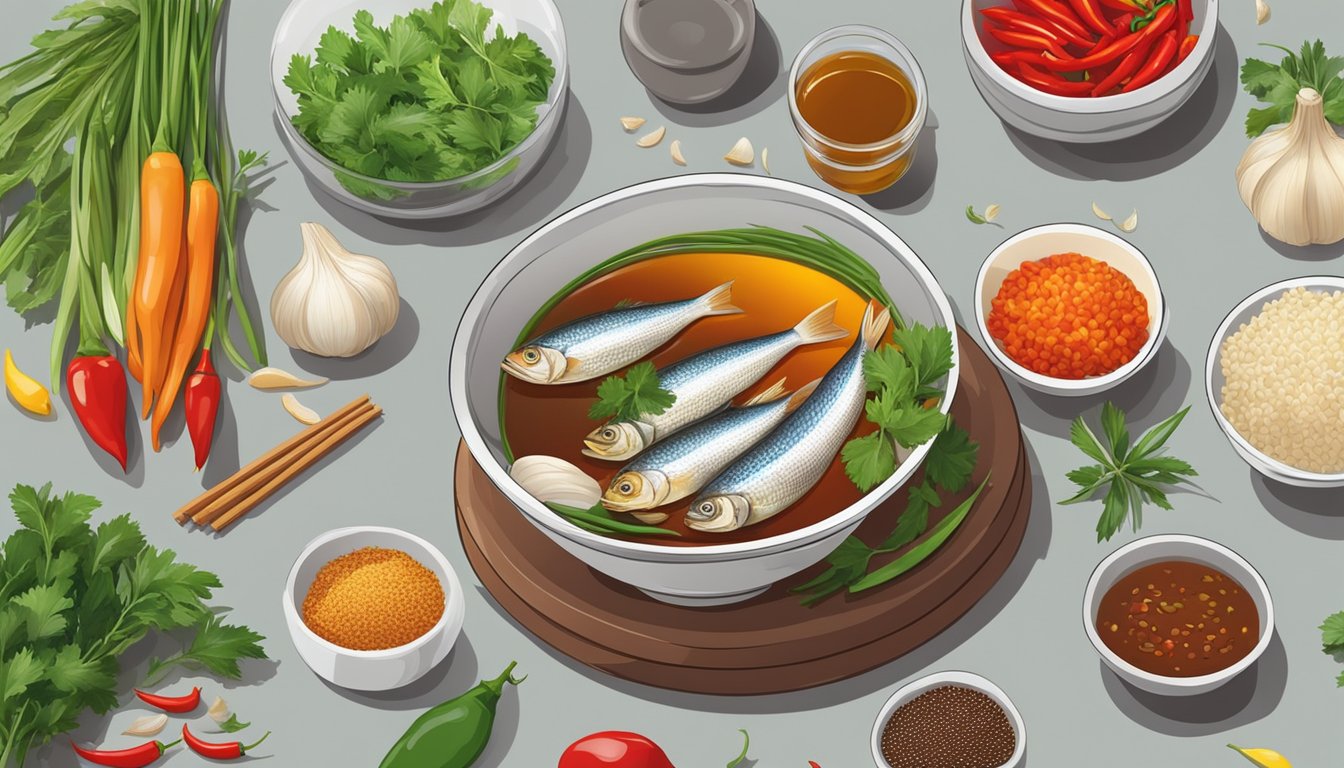 A bowl of fish sauce sits next to a variety of ingredients, including garlic, chili peppers, and herbs, ready to be used in a flavorful cuisine