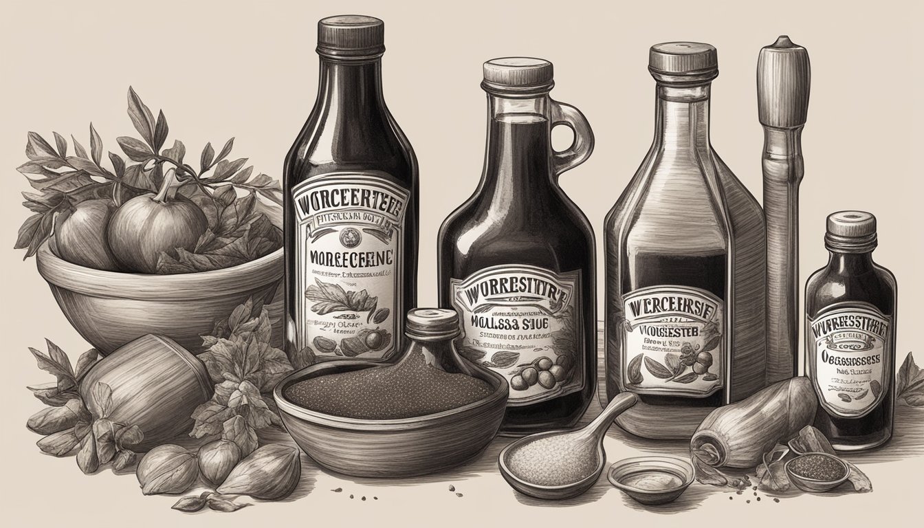 A bottle of Worcestershire sauce surrounded by ingredients like vinegar, molasses, and spices