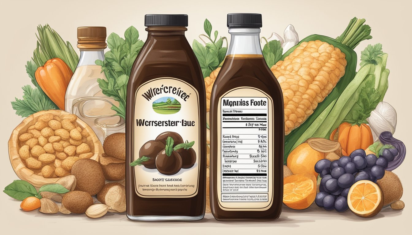 A bottle of Worcestershire sauce surrounded by various food items with low glycemic index labels