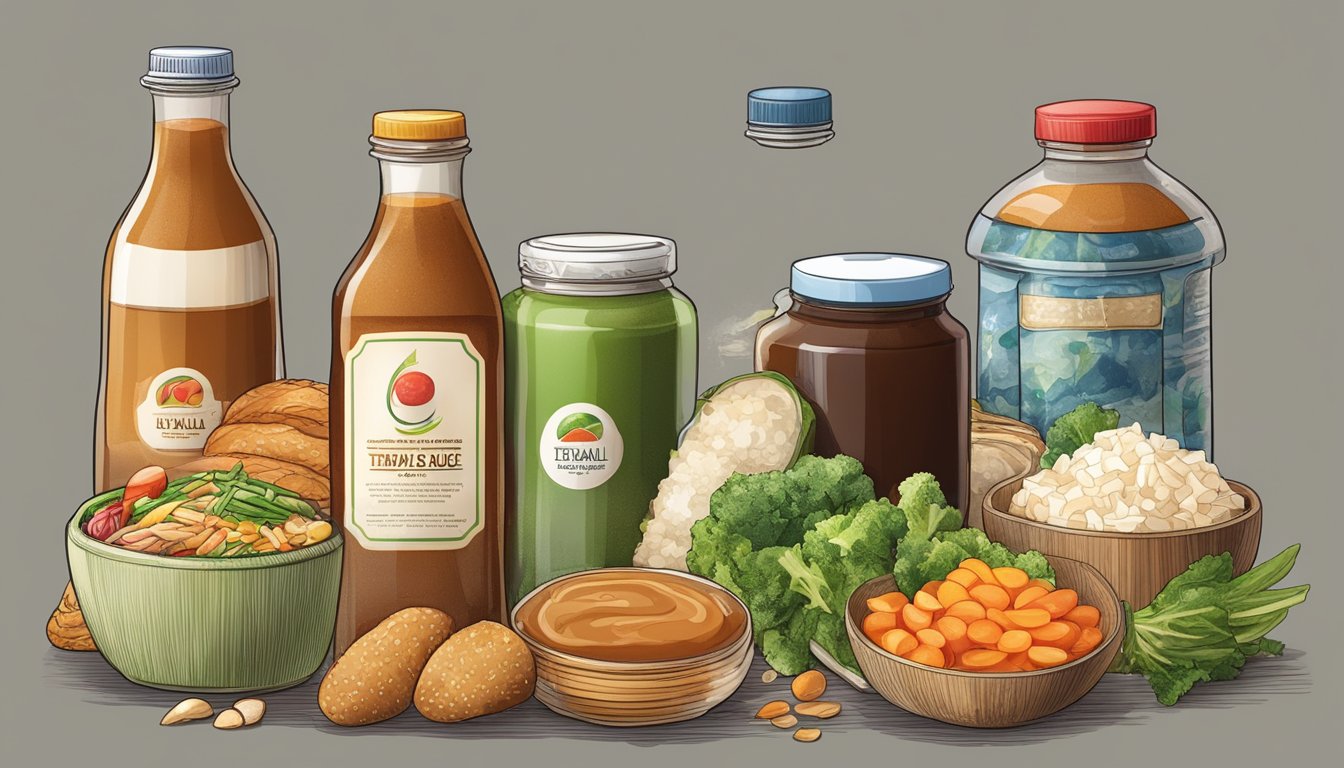 A bottle of teriyaki sauce surrounded by various food items with different glycemic indexes