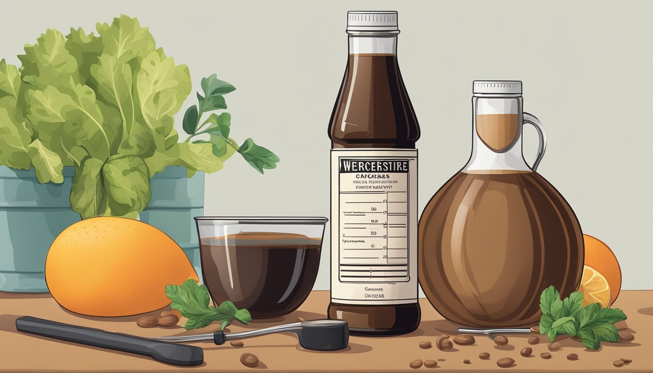 Two bottles of Worcestershire sauce labeled with their respective glycemic index values displayed on a table next to a measuring device and a variety of food items