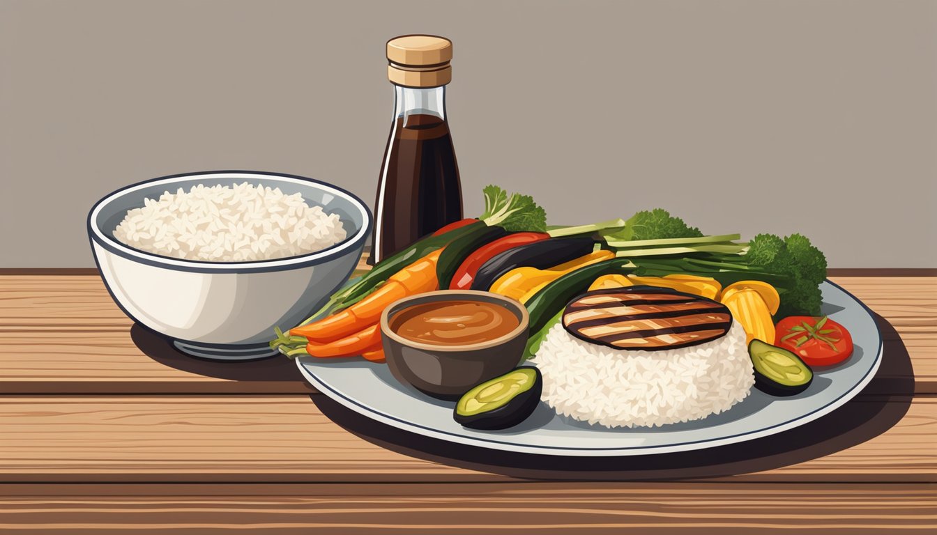 A bottle of teriyaki sauce next to a plate of grilled vegetables and a bowl of rice on a wooden table