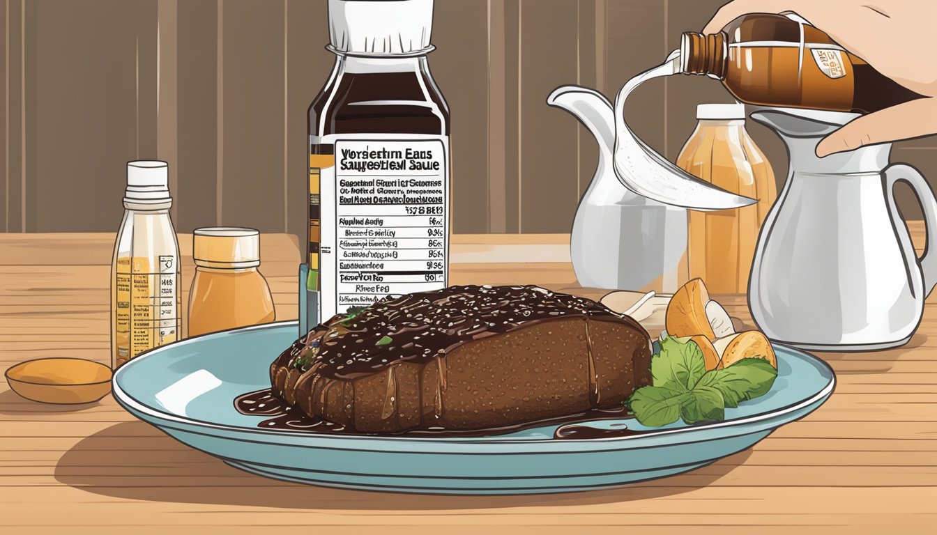 A bottle of Worcestershire sauce being drizzled onto a dish of food, with a glycemic index chart in the background