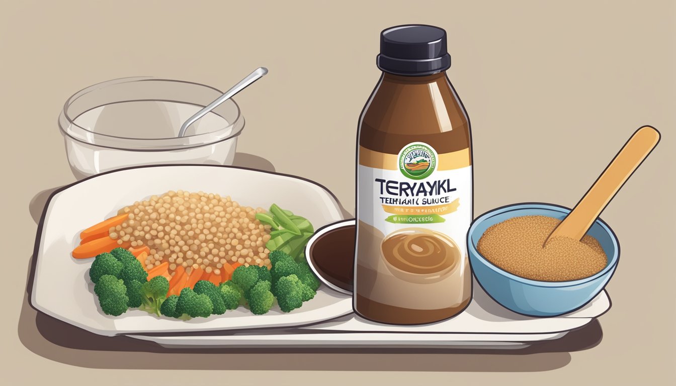 A bottle of teriyaki sauce next to a plate of low-glycemic index substitutes like quinoa, vegetables, and lean protein