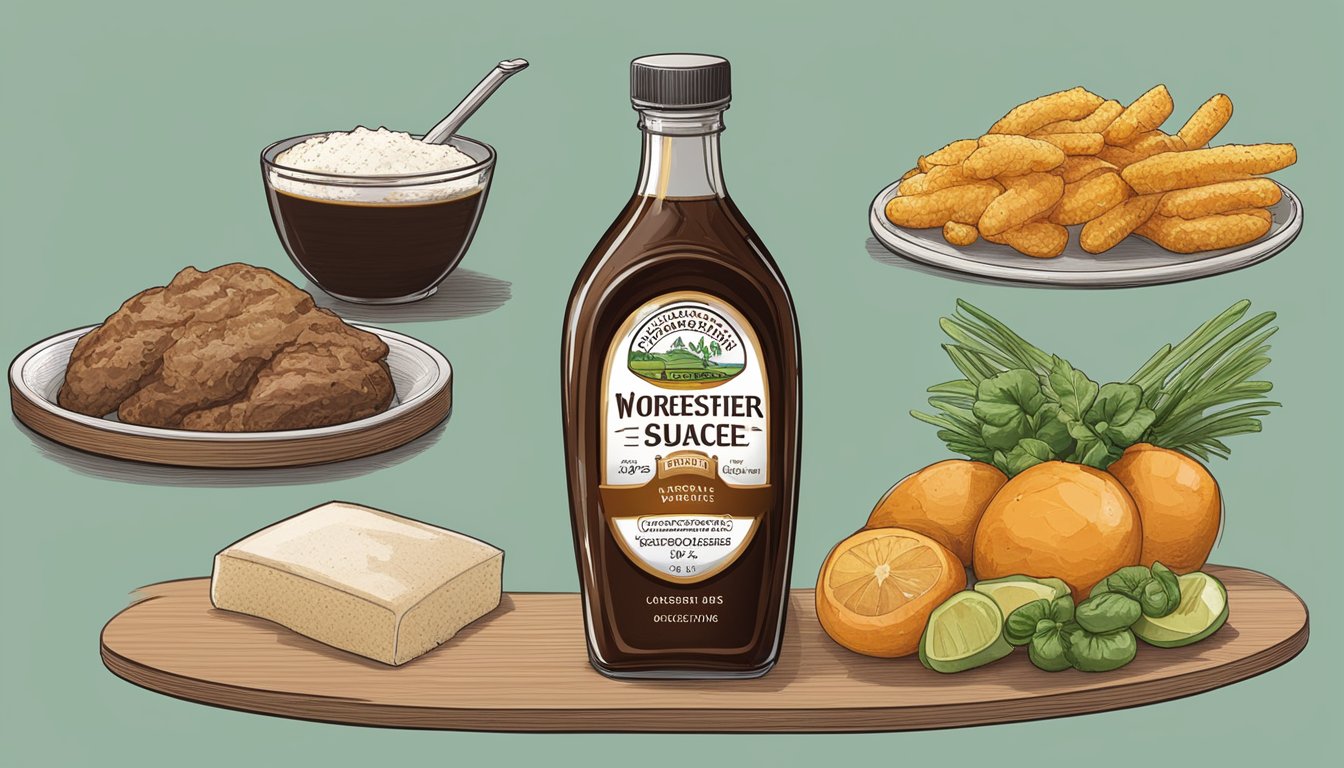 A bottle of Worcestershire sauce surrounded by various foods with different glycemic indexes