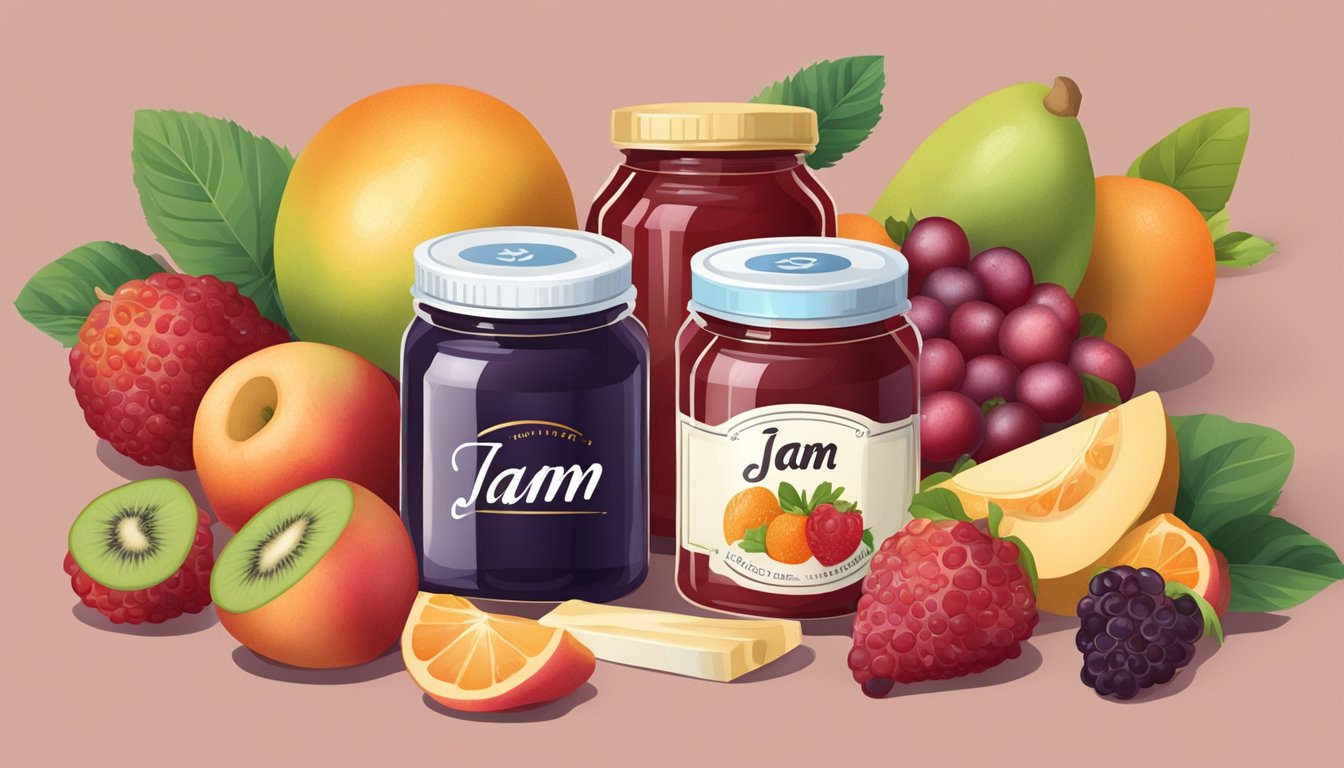 A jar of jam surrounded by fresh fruits and a nutrition label