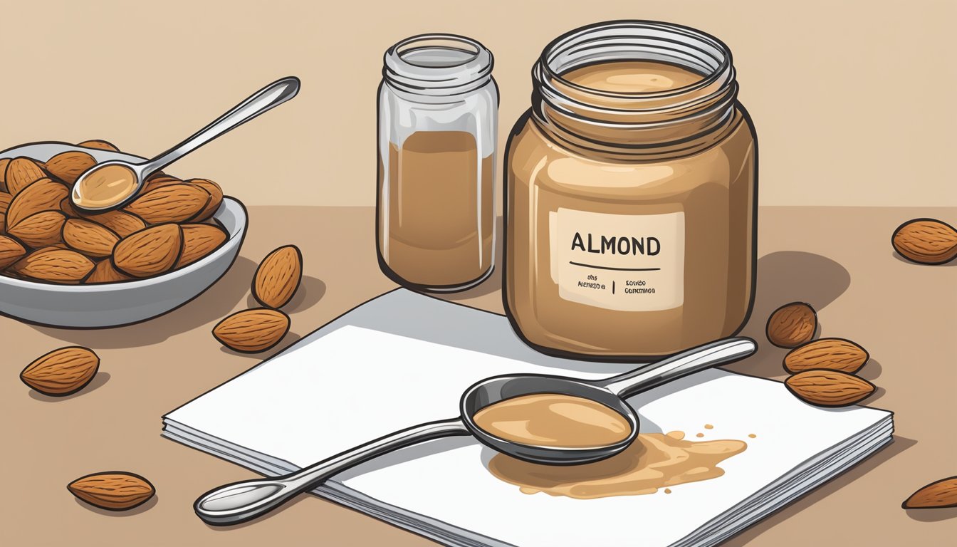 A jar of almond butter surrounded by almonds, a spoon, and a glycemic index chart