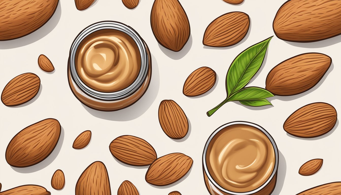 A jar of almond butter surrounded by almonds and a measuring tape