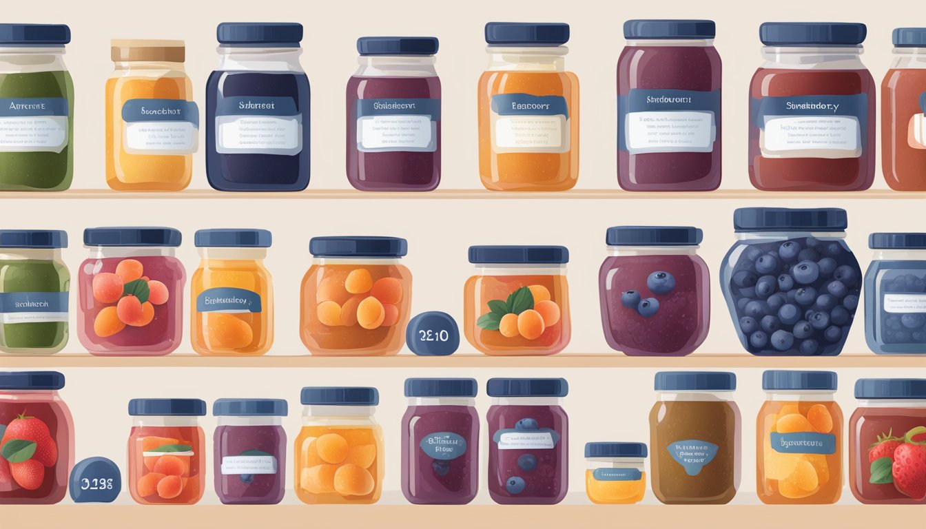 A variety of jams arranged in a row, including strawberry, blueberry, and apricot, with a glycemic index chart displayed nearby