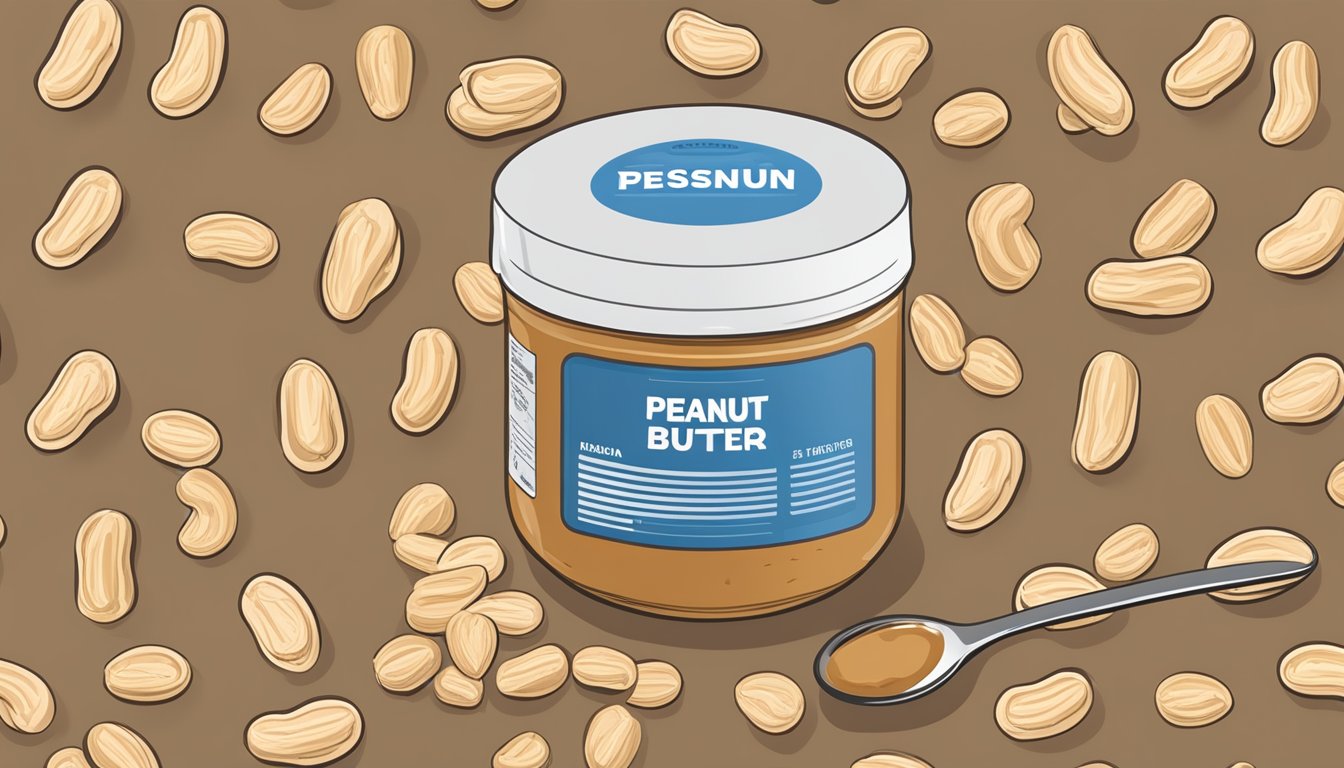 A jar of peanut butter surrounded by peanuts, a spoon, and a nutrition label