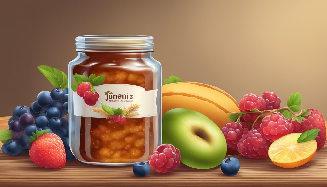 A jar of jam surrounded by fresh fruits and whole grain bread on a wooden table