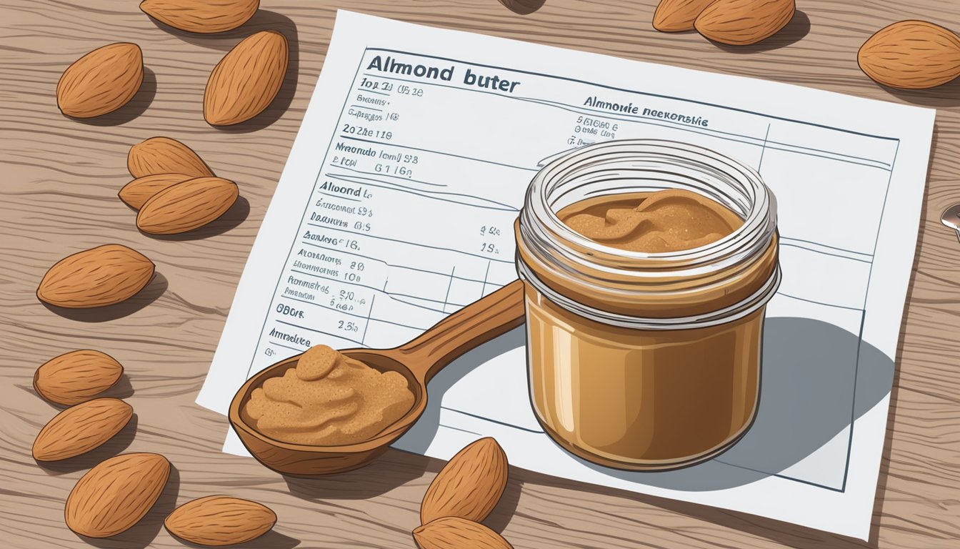 A jar of almond butter surrounded by almonds and a measuring spoon, with a glycemic index chart in the background