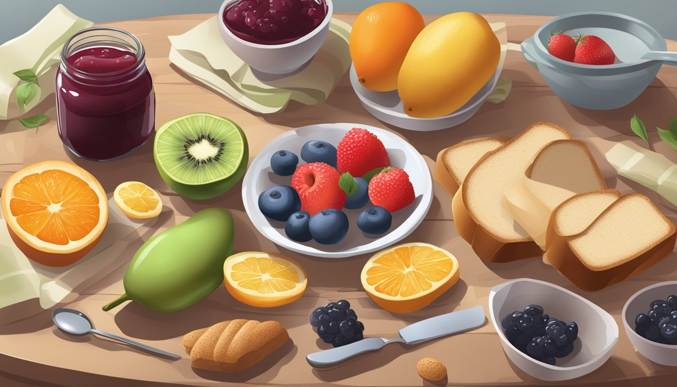 A table with various fruits, bread, and jam arranged for a glycemic index test