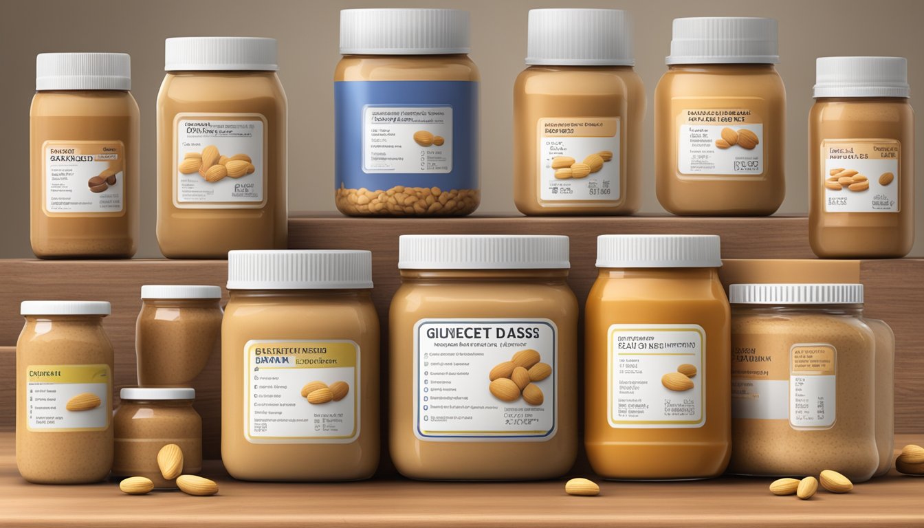 A variety of peanut butter jars arranged on a table, with a glycemic index chart displayed in the background