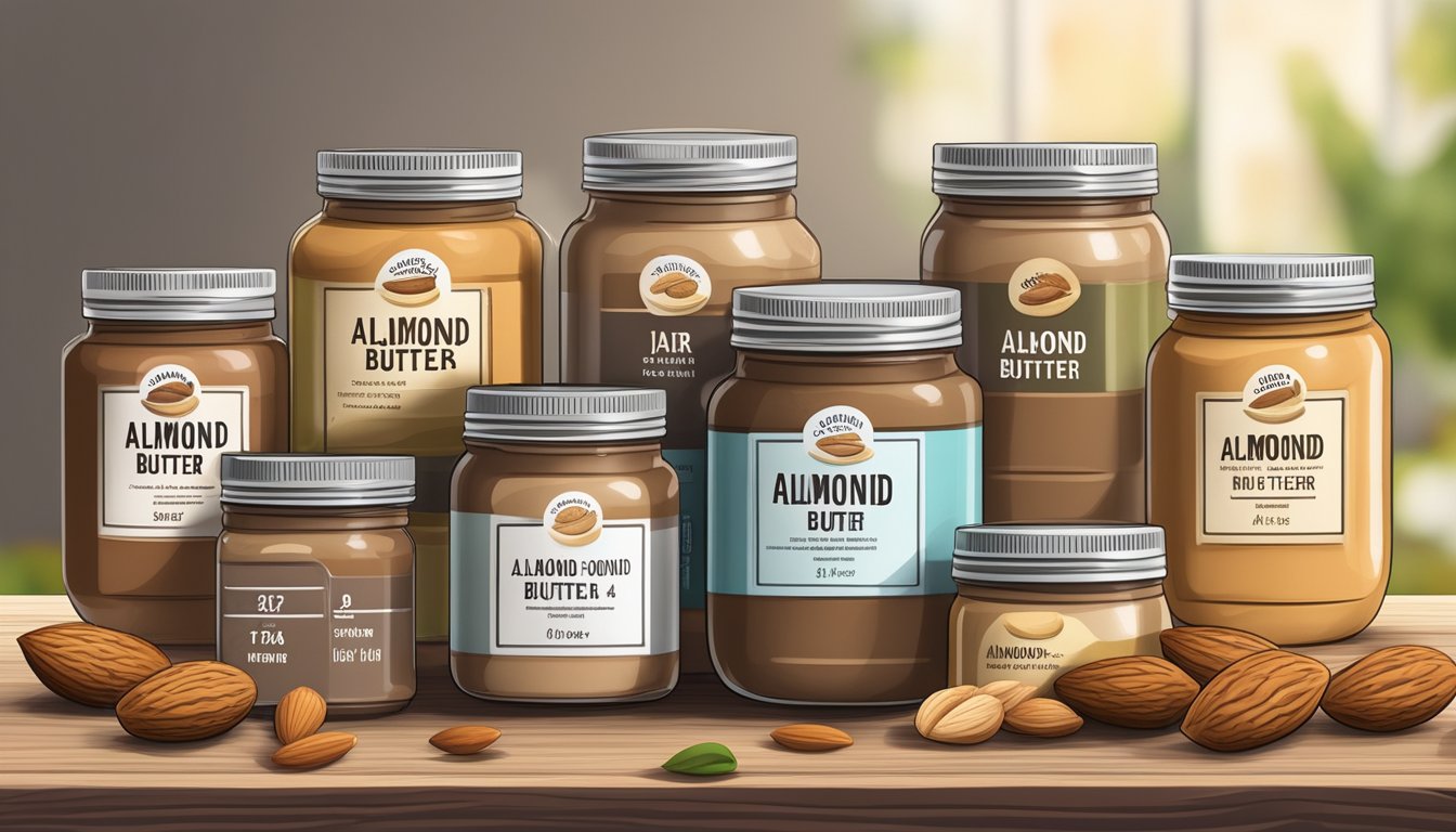 A jar of almond butter surrounded by various types of nut butters on a wooden table, with a glycemic index chart in the background