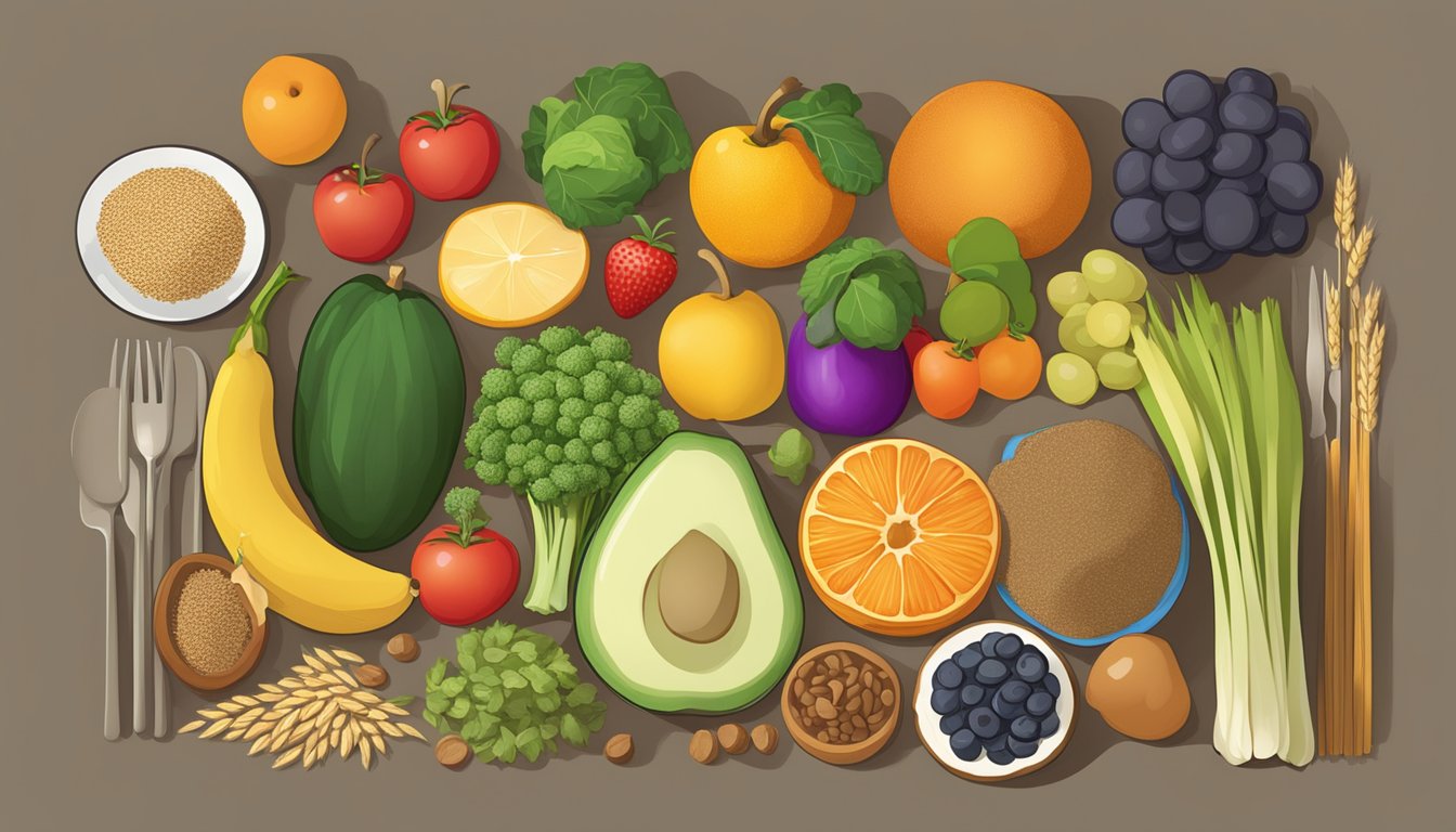 A table with various fruits, vegetables, and whole grains arranged according to their glycemic index values