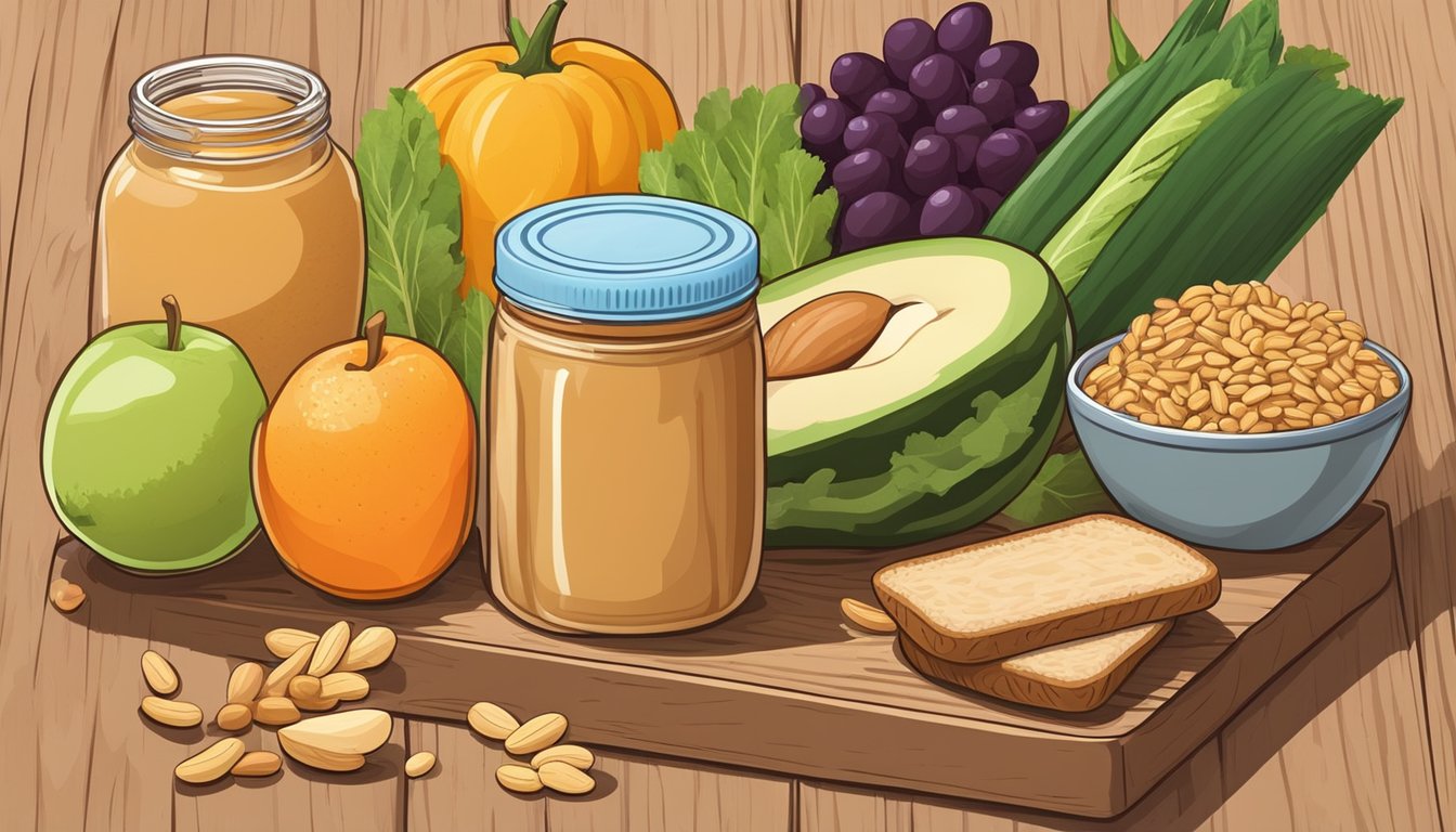 A jar of peanut butter surrounded by an assortment of fresh fruits, vegetables, and whole grain bread on a wooden cutting board