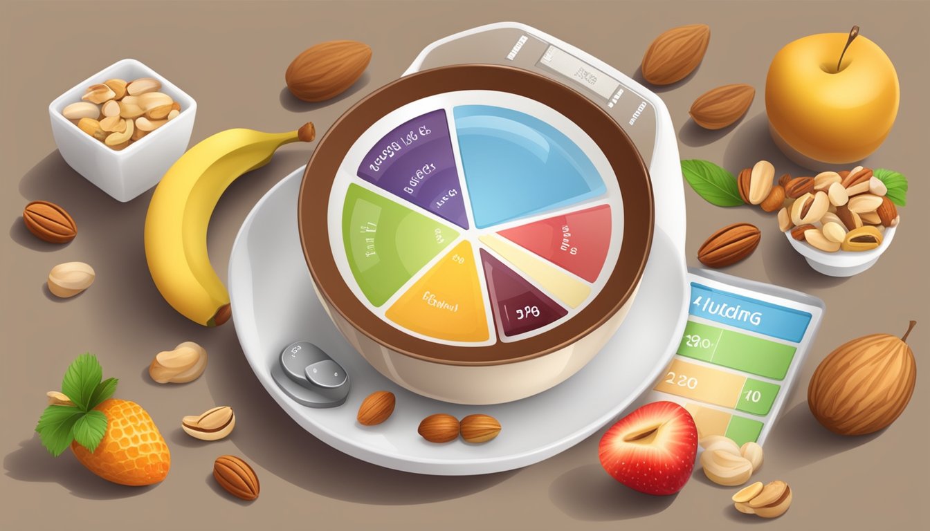 A bowl of pudding with various fruits and nuts, surrounded by a glucometer and a nutrition label