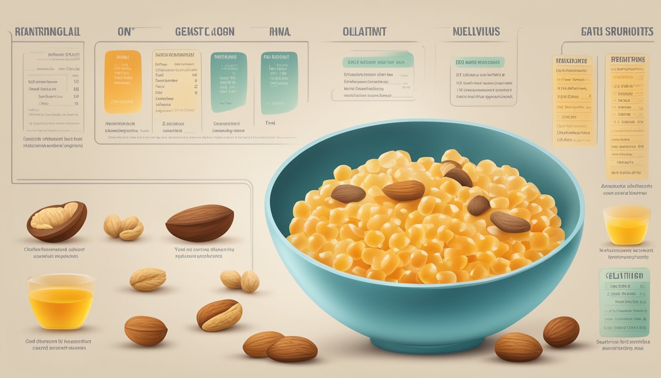 A bowl of gelatin surrounded by various types of nuts and a nutritional information chart