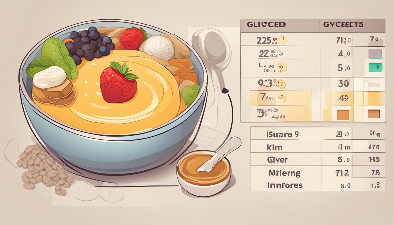 A bowl of pudding surrounded by various food items with different glycemic index values displayed on a chart