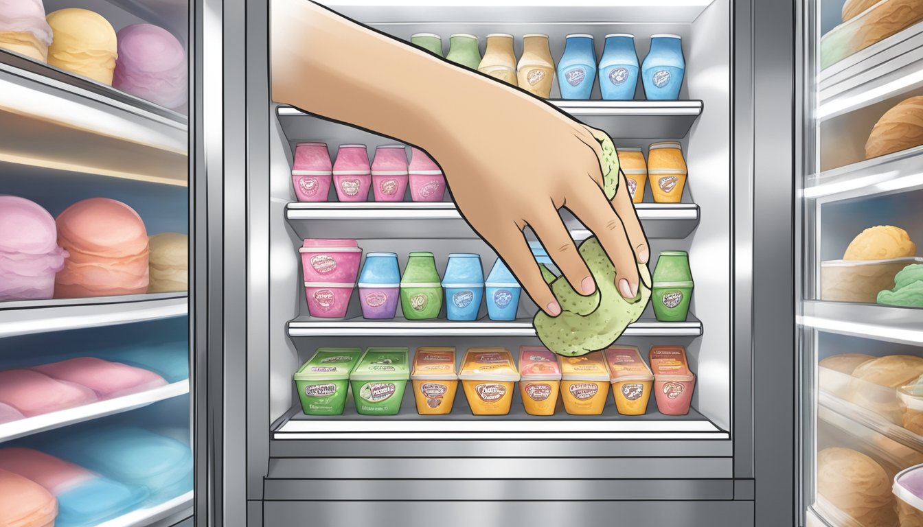 A hand reaching for a pint of lower GI ice cream in a grocery store freezer