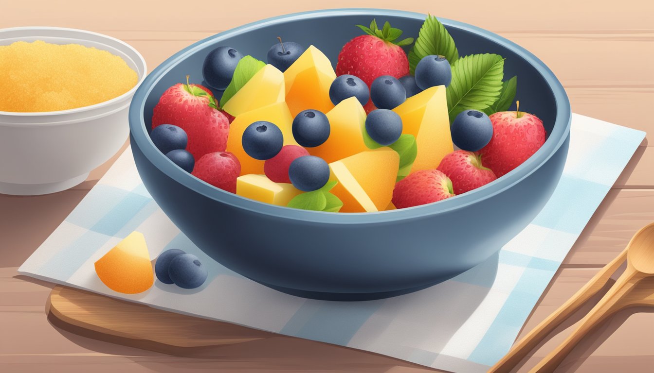 A bowl of fresh fruit and natural sweeteners, next to a container of gelatin powder with a low glycemic index