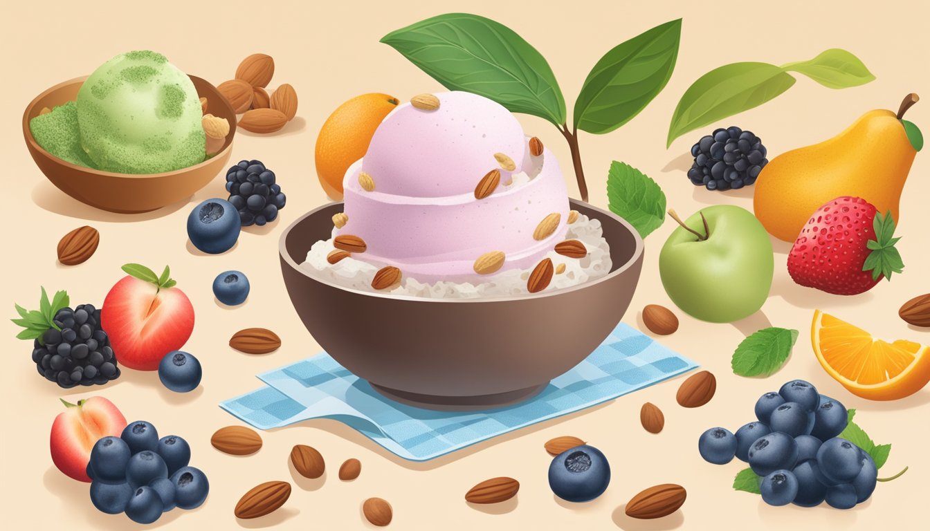 A scoop of ice cream surrounded by various nutrient-rich ingredients like fruits, nuts, and seeds, with a glycemic index chart in the background