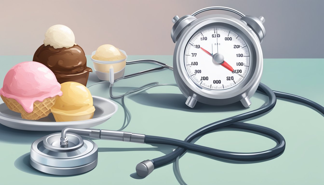 A scoop of melting ice cream beside a blood sugar monitor and a doctor's stethoscope