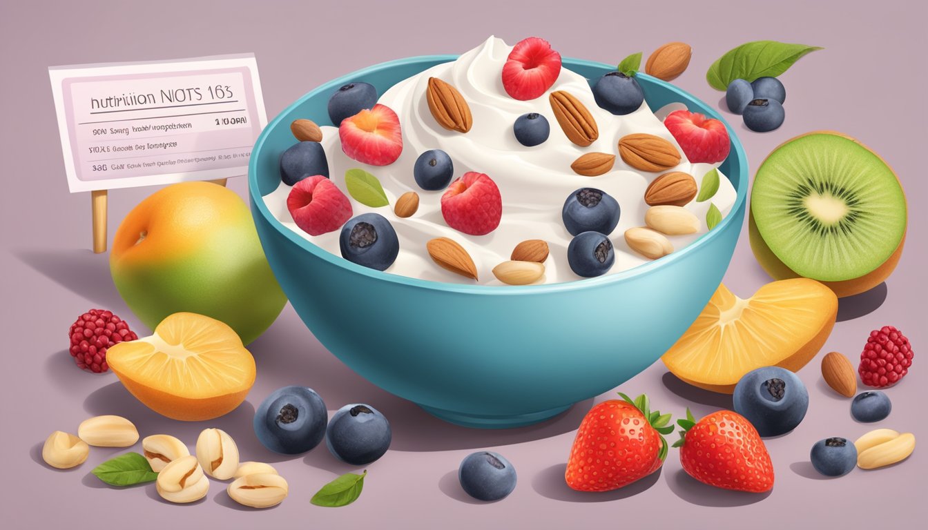 A bowl of frozen yogurt surrounded by various fruits and nuts, with a nutritional label next to it