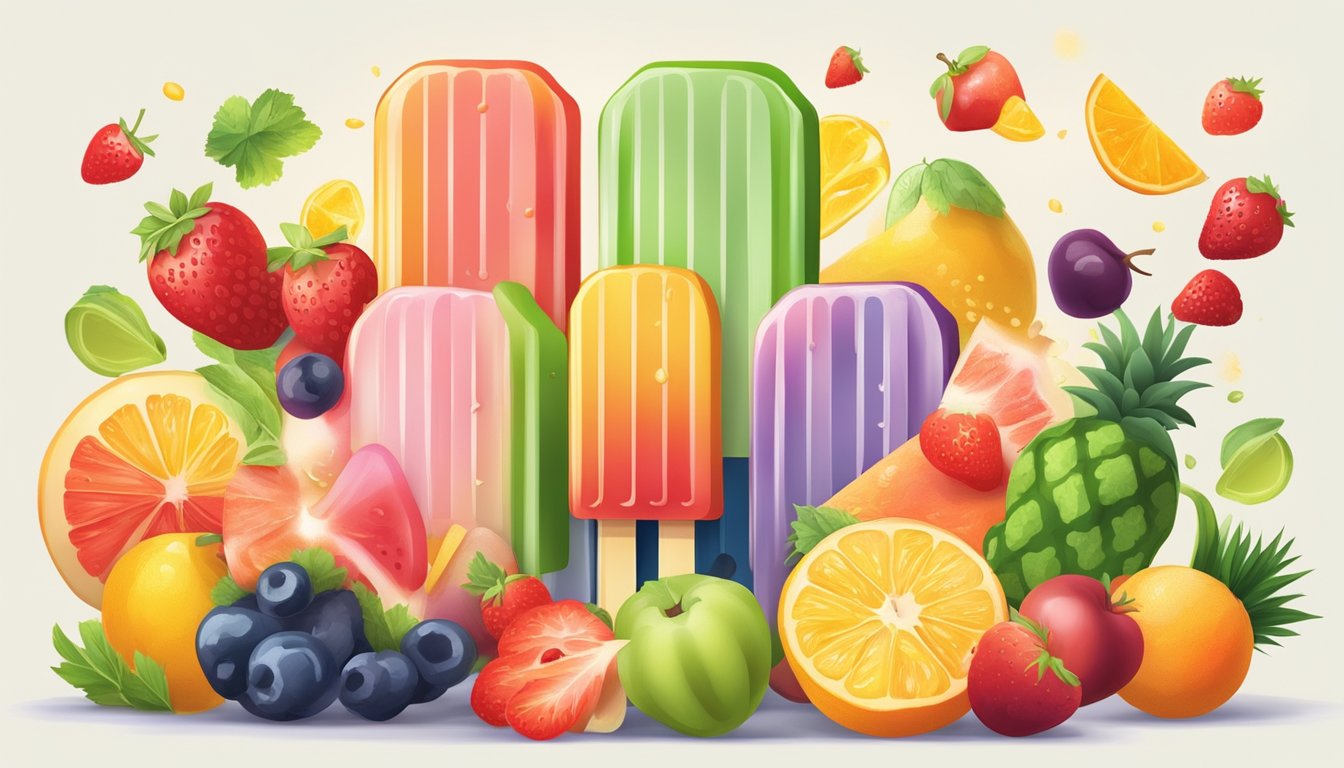 A colorful popsicle melting on a hot summer day, surrounded by a variety of fruits and vegetables with different glycemic index values