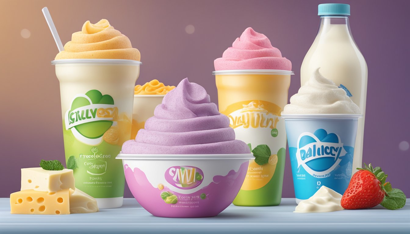 A colorful frozen yogurt swirls next to a selection of other dairy products, including milk, cheese, and yogurt. The frozen yogurt is highlighted with a low glycemic index symbol