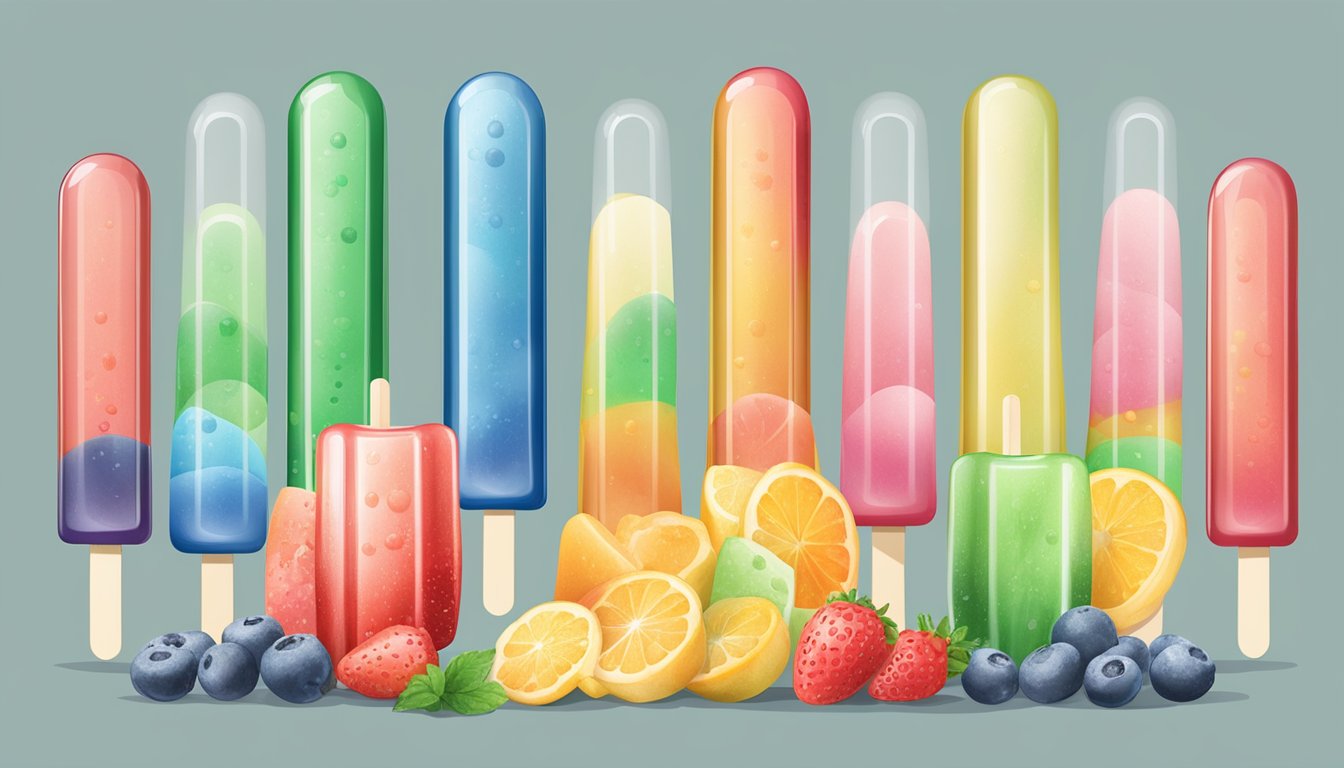 A colorful assortment of popsicles arranged next to a chart displaying their respective glycemic index values