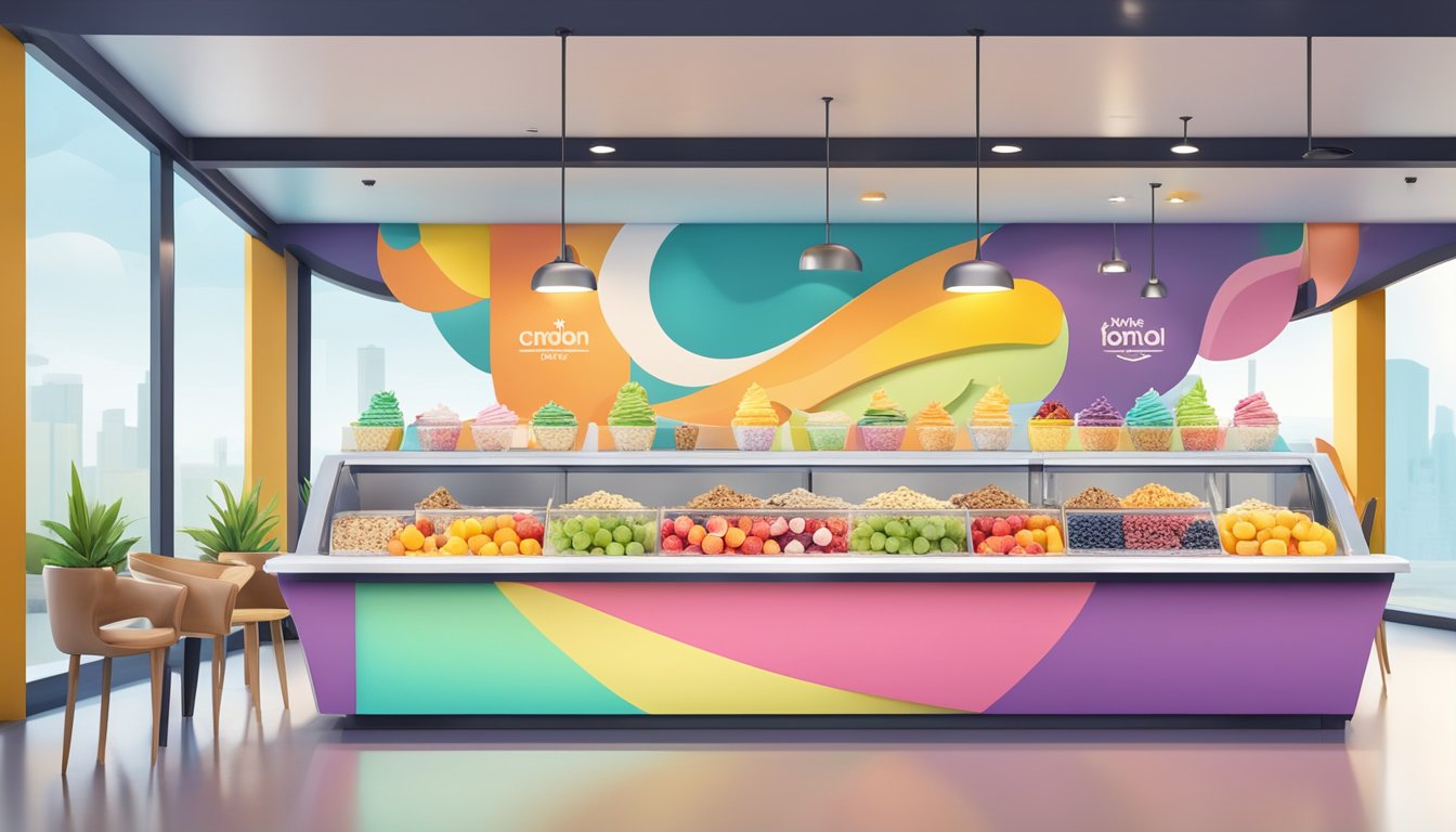 A colorful frozen yogurt swirl surrounded by fresh fruit and granola on a bright, modern serving counter