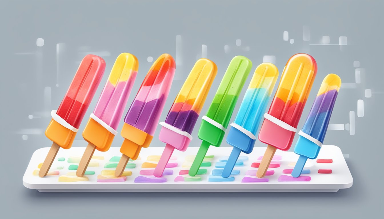 A colorful array of popsicles arranged on a white surface, with a glucometer and a chart displaying glycemic index values in the background