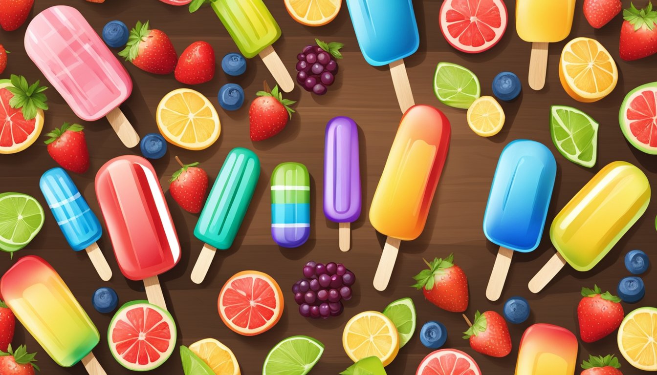 A colorful assortment of popsicles arranged on a wooden table, surrounded by fresh fruits and a glucometer, symbolizing blood sugar management and health aspects