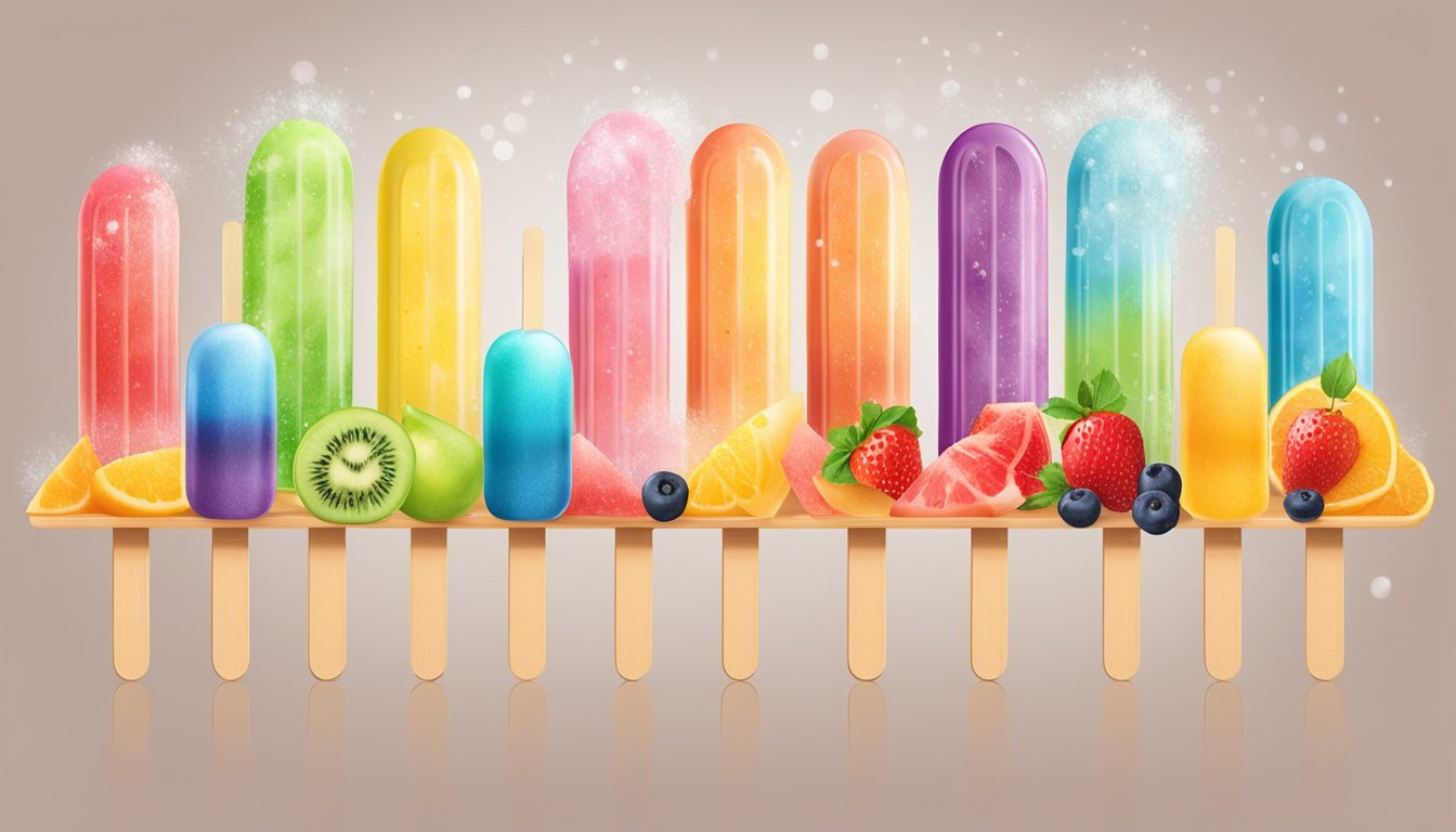 A colorful array of popsicles arranged in a row, with a variety of fruits and flavors, surrounded by scattered sugar crystals and a glycemic index chart