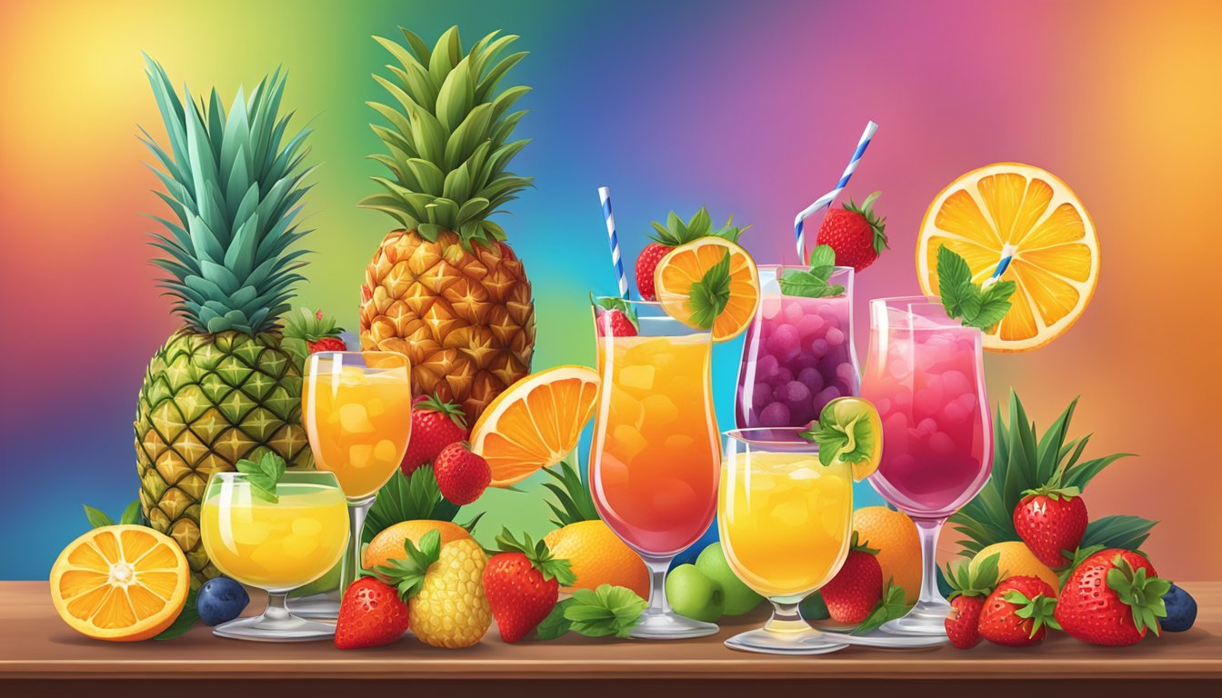 A colorful array of fruit cocktails arranged on a table, with various fruits like strawberries, pineapples, and oranges, creating a vibrant and appetizing display